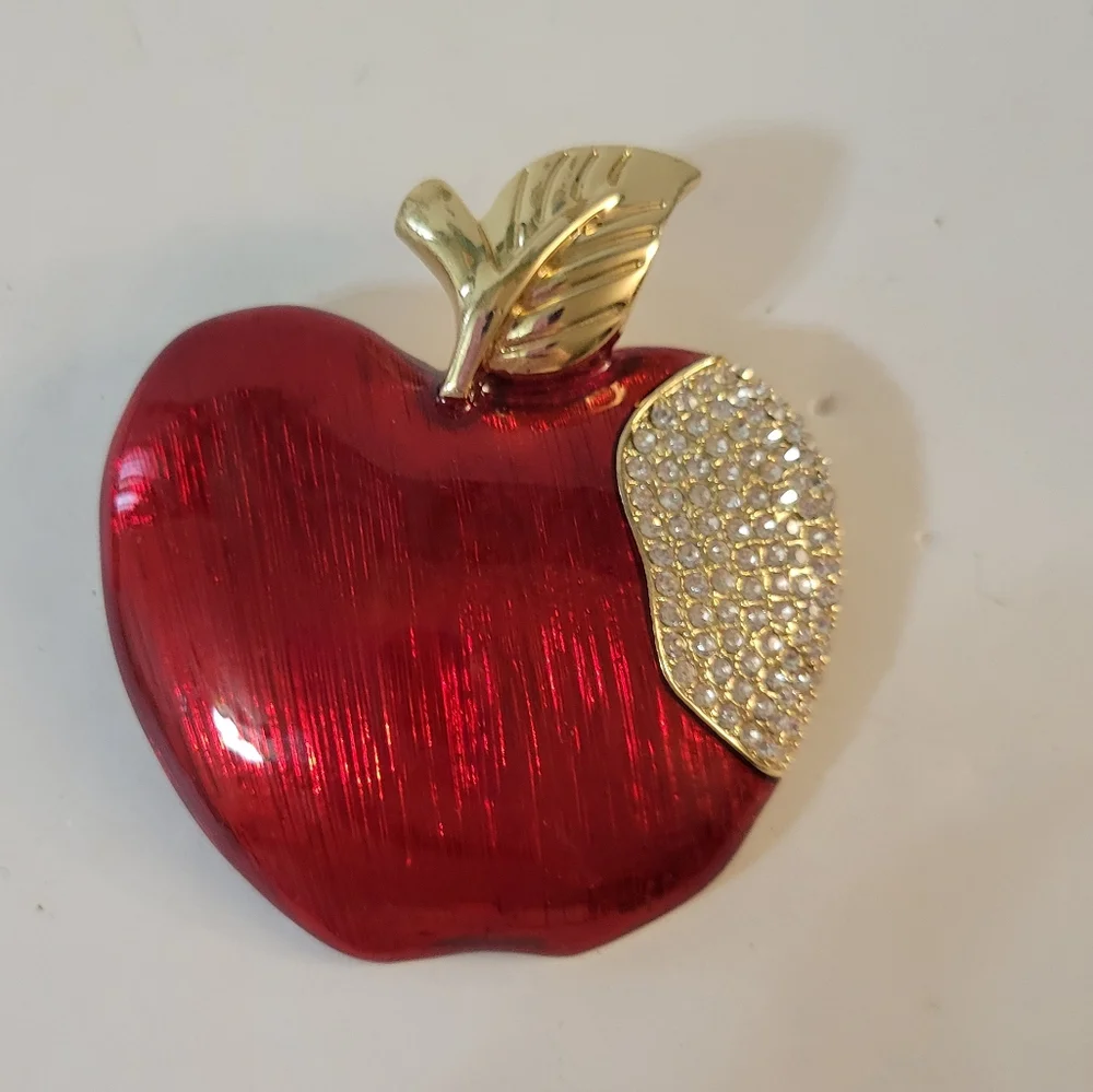 Anne Klein Apple Brooch Red Clear Crystals Goldtone Snow White Teacher